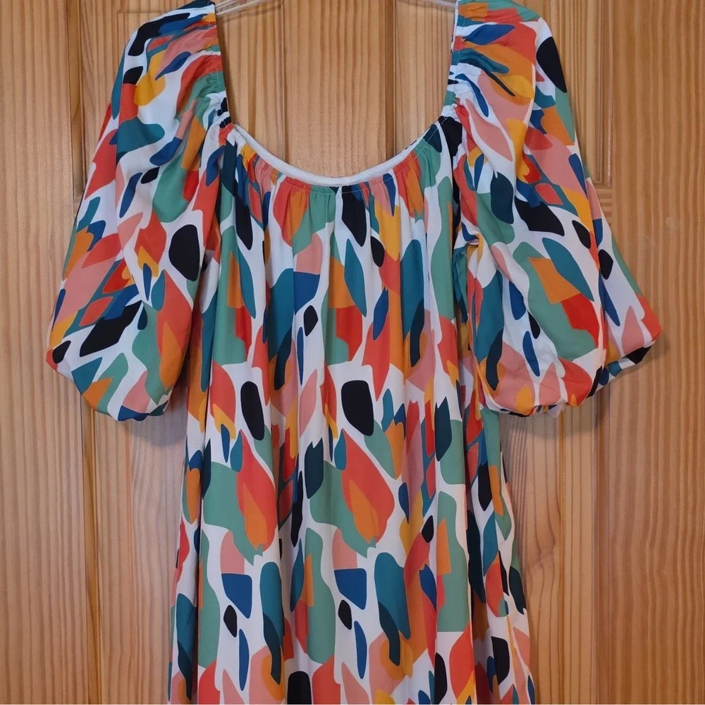 FORE Abstract Multicolor Square Neck Puff Sleeve Shift Short Dress Size L